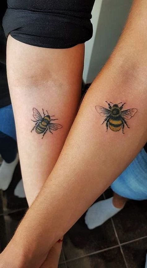 Bee and bumblebee, couples matching tatto Matching Bee Tattoo, Bumblebee Tattoos, Always Tattoo, Bumble Bee Tattoo, Matching Tats, Bee Tattoo, Matching Tattoos, Couple Tattoos, Tiny Tattoos