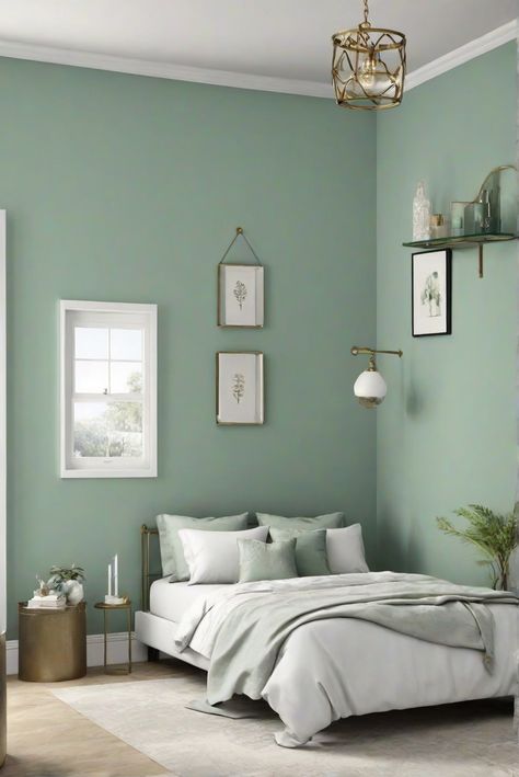 interior design,decorating interiors,designer wall paint,paint color match Pastel Green Home Decor, Green Paint Bedroom Walls, Pale Green Bedroom Ideas, Pastel Green Interior, Green Themed Bedroom, Teal Accent Wall Bedroom, Pastel Green Wall, Halcyon Green, Light Green Rooms