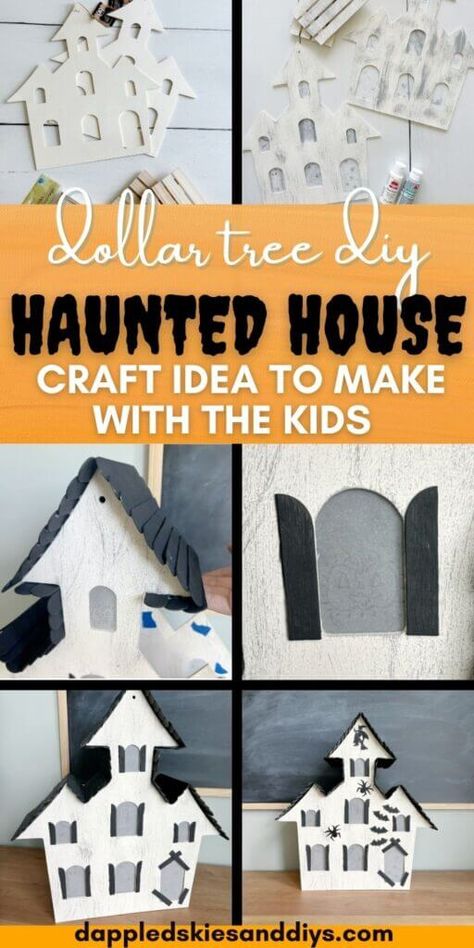 Create this charming miniature haunted house craft with Dollar Tree supplies with the help of the kiddos, for a perfect fun Halloween project!  DIY Haunted House Craft Ideas Diy Mini Haunted House Decor, Diy Cardboard Haunted House, Dollar Tree Houses Diy, Cardboard Haunted House Diy, Painted Haunted House, Dollar Tree Haunted House, House Craft Ideas, Miniature Haunted House, Haunted House Project