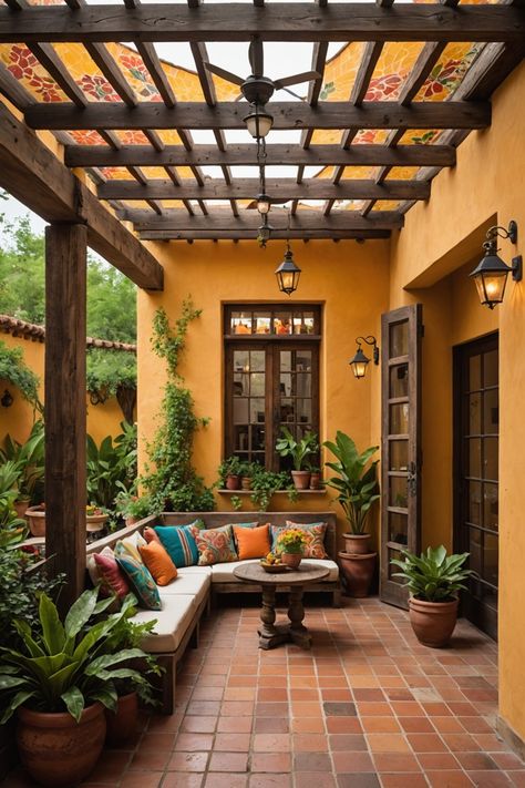 20 Mexican Patio Ideas – ToolzView Mexico Patio Ideas, Mexican Tile House, Mexican Style Outdoor Patio, Desert Porch Ideas, Mexican House Colors Exterior, Outdoor Spanish Patio, Spanish Style Outdoor Patio Ideas, Italian Patio Ideas Backyards, Southwest Front Porch Ideas