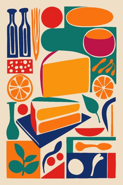 Retro Abstract Cheese Kitchen Poster Flat Colors Art, Kitchen Abstract Art, Vector Art Poster, Food Abstract Art, Abstract Kitchen Art, Vibrant Art Style, Colorful Poster Design, Free Printables Wall Art, Yellow Posters