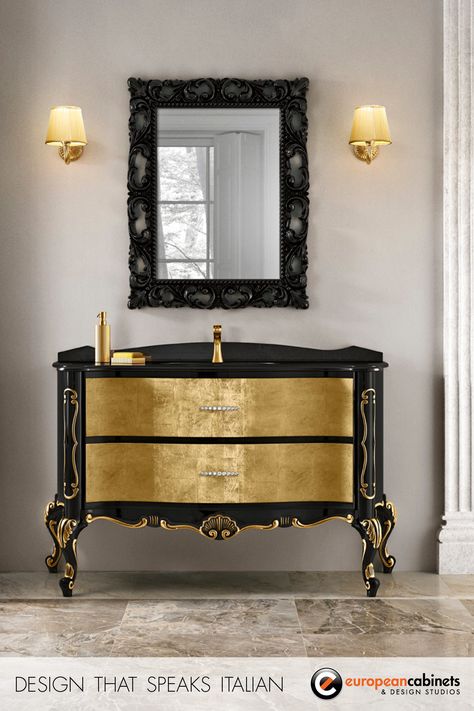 Black And Gold Bathroom Vanity, Traditional Bathroom Cabinets, Gold Bathroom Vanity, Metallic Painted Furniture, Black And Gold Bathroom, Gold Furniture, Furniture Painting Techniques, Gold Bathroom, Best Bath