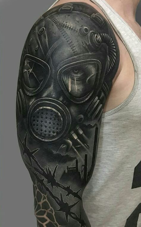 Gas Mask Tattoo, Cover Up Tattoos For Men, Horror Tattoos, Minimalist Tattoo Ideas, Black Tattoo Cover Up, Wolf Tattoo Sleeve, Skull Sleeve Tattoos, Saved Tattoo, Blackout Tattoo