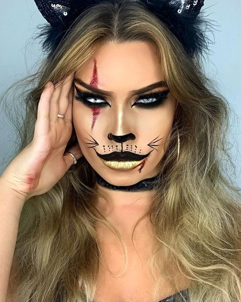 Cat Makeup For Kids, Nem Halloween Makeup, Cat For Halloween, Double Dress, Beautiful Halloween Makeup, Cat Halloween Makeup, Cat Costume Diy, Halloween Makeup Clown, Cat Makeup Halloween