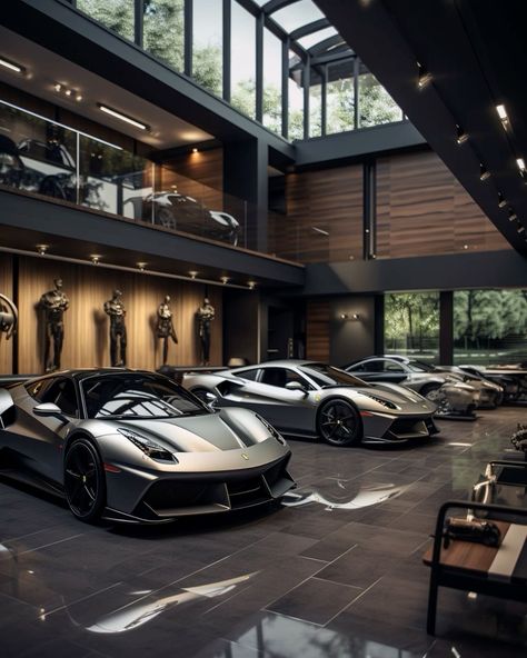 Modern Mansion Garage, Modern Car Garage Design, Luxury Car Garage Aesthetic, Huge Garage With Cars, Luxury Car Garage Design Dream Houses, Cars Garage Aesthetic, Garage Luxury Design, Luxury Garage Interior Design, Aesthetic Car Garage