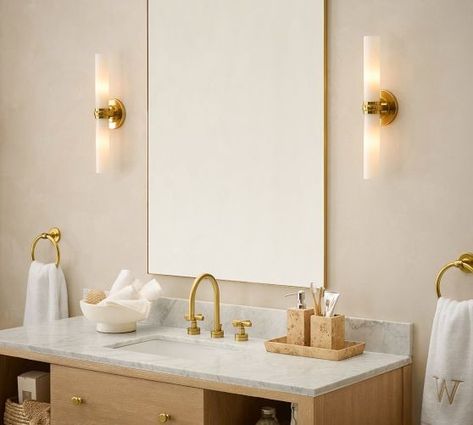 Wall Sconces & Sconce Lights | Wall Lighting | Pottery Barn Grandma Bathroom, Master Remodel, Wall Mounted Candle Holders, Sconces Bathroom, Bathroom Lights, Aged Bronze, Construction Crafts, Bathroom Sconces, Primary Bath