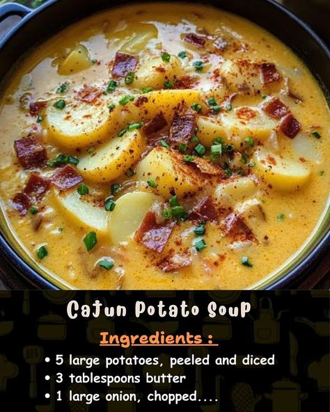 Ingredients: 5 large potatoes, peeled and diced 3 tablespoons butter 1 large onion, chopped Cajun Potato Soup Recipe, Instant Pot Cajun Potato Soup, Cajun Potato Soup Crock Pot, Patato Soup, Spicy Potato Soup, Cajun Potato Soup, Jack Potato, Cajun Potatoes, Homemade Soup Recipes