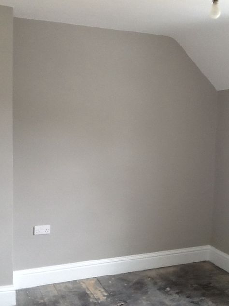 2nd bedroom painted. Colour is Purbeck Stone from Farrow and Ball Stone Coloured Painted Walls, Stone Paint Bedroom, Same Colour Skirting And Walls, Modern Lounge Paint Colours, Farrow Ball Purbeck Stone, Stone Coloured Walls, Stone Colour Bedroom, Purbeck Stone Bedroom, Stone Coloured Bedroom