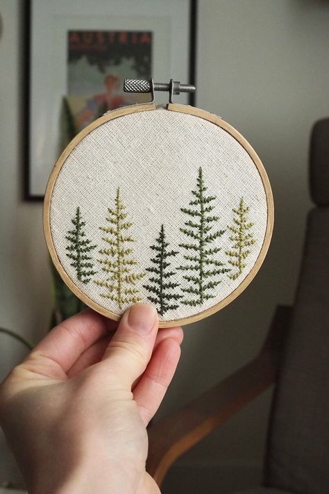 Embroidery Landscape: Forest Hike, 4 Diameter - Etsy Embroidery Forest Pattern, Embroidery Designs Nature, Embroidery Forest Animals, Embroider Mountains, Woodland Embroidery Designs, Forest Embroidery Pattern, Mountain Embroidery Simple, Manly Embroidery Ideas, Minimalist Embroidery Patterns