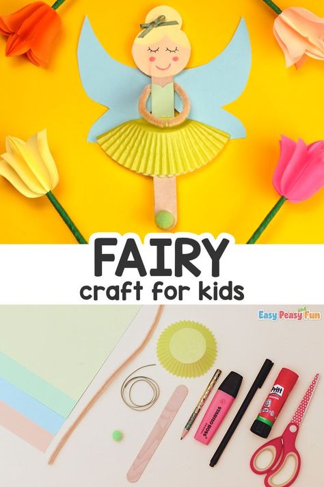 Easy Fairy Craft, Fairy Popsicle Sticks, Fairy Art Projects For Kids, Fairy Arts And Crafts, Fairy Activities Preschool, Easy Princess Crafts, Princess Camp Ideas, Tinkerbell Craft, Enchanted Forest Crafts