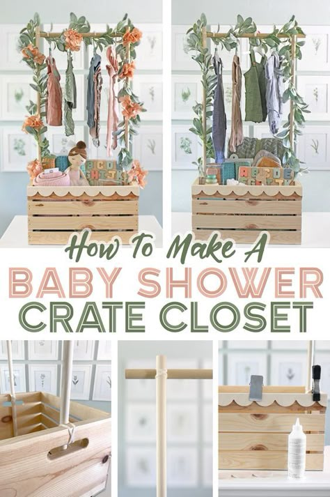 This is the cutest baby shower gift idea. Turn a wooden crate into a little closet to hang all the cute baby clothes on! It makes for a darling display at the baby shower! This is a very easy tutorial to follow with good step-by-step instructions.   Baby Shower Gifts | Baby Shower Crate Closet | Baby Gifts | Baby Shower Ideas | Baby Shower Decor Baby Shower Gifts Crate, Baby Closet Baby Shower Gift, Diy Wooden Crate Baby Shower Gift, Baby Shower Clothesline Decoration, Diy Baby Closet Crate, Unwrapped Baby Shower Gifts Display, Baby Shower Closet Crate, Baby Shower Wooden Crate Gift, Baby Shower Gift Wrapping Ideas Creative