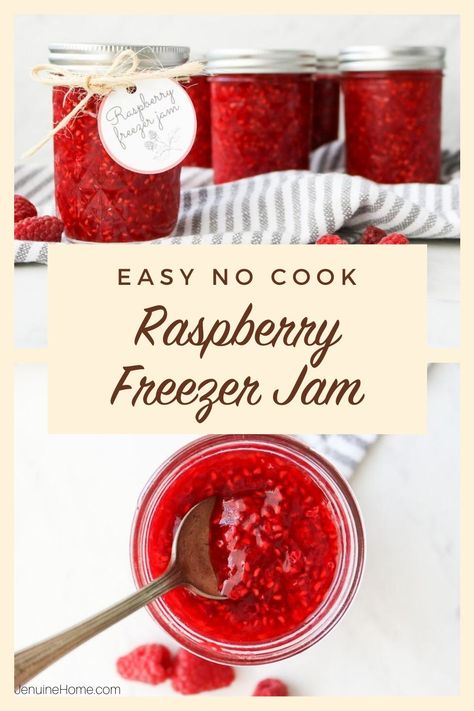 Easy low sugar no cook raspberry freezer jam using frozen raspberries and instant pectin. Just 3 minutes of stirring required! Frozen Raspberry Jam Recipe, Sugar Free Freezer Jam, Raspberry Freezer Jam Recipe, Jam Uses, Low Sugar Jam Recipes, Low Sugar Muffins, Raspberry Freezer Jam, Raspberry Jam Recipe, Freezer Jam Recipes