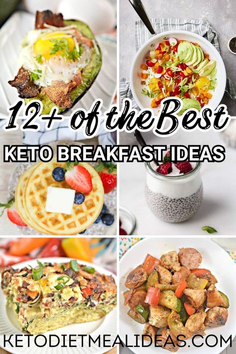 A variety of keto breakfast ideas including avocado baked eggs, waffles, and chia pudding, perfect for easy low carb breakfast recipes. Low Carb Sweet Breakfast Ideas, Keto Diet For Beginners Recipe Breakfast, Keto Egg Recipes Breakfast, Vegetarian Keto Breakfast, Keto Breakfast For Work, Healthy Keto Breakfast Recipes, Keto Diet For Beginners Breakfast, Clean Keto Breakfast, Keto Breakfast For Beginners