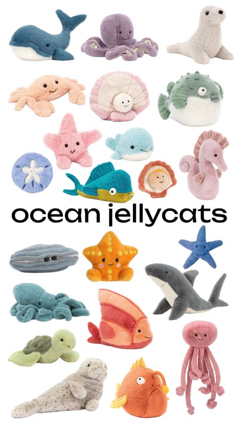 #jellycat #jellycats #jellycatwishlist #jellycatstuffedanimals #jellycatsforlifeee #stuffedanimals #aesthetic #oceanaesthetic #summer #summeraesthetic Coastal Room Decor, Ocean Room Decor, Beachy Room Decor, Beach Room Decor, Jellycat Stuffed Animals, Beachy Room, Cute Squishies, Cute Birthday Gift, Room Deco