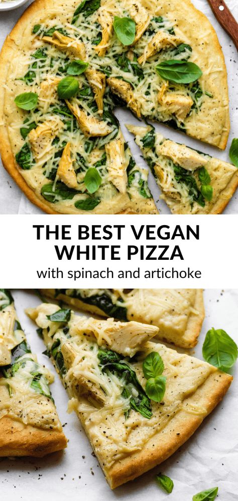 This Vegan White Sauce Pizza is made with chewy homemade pizza dough and layered with a nut-free vegan white pizza sauce, vegan cheese and veggies! It's a real crowd-pleaser and perfect for pizza night. This is a versatile recipes and you can addinthing you like inclduing caramelized onions, garlic, and fresh basil! Vegan White Pizza Sauce, Vegan White Pizza, Vegan White Sauce, White Sauce Pizza, Pizza With Spinach, Vegan Pizza Dough, White Pizza Sauce, White Pizza Recipes, Vegan Pizza Recipe