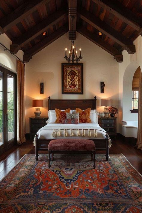 Modern Lodge Aesthetic, Spanish Bedroom Design, Spanish Interior Design Bedroom, Modern Mexican Bedroom, Bedroom Interior Design Indian, Hacienda Style Bedroom, Modern Spanish Interior Design, Modern Spanish Decor, Spanish Bedroom