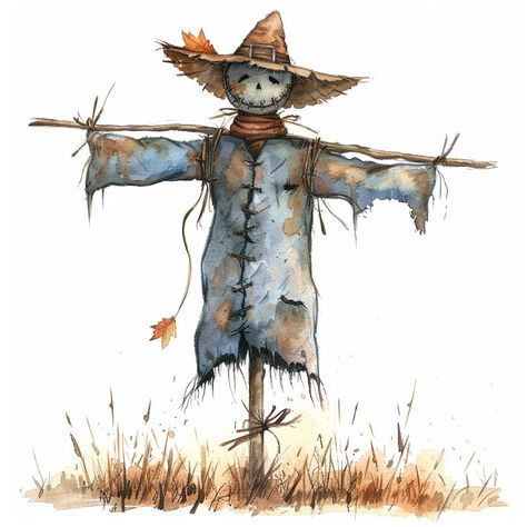 Scarecrow In Field, Scarecrow Paintings, Scarecrow Sketch, Scarecrow Cute, Garden Character, Scarecrow Clipart, Scarecrow Drawing, Scarecrow Painting, Halloween Farm