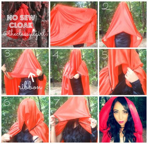 Step 4 is a bit weird looking, but the end result is perfect! Easy 1 Minute NO SEW cloak! Red Riding Hood Cape Diy, No Sew Cloak, Riding Hood Makeup, Red Riding Hood Costume Diy, Red Riding Hood Makeup, Cape Diy, Red Riding Hood Cape, No Sew Cape, Diy Cape