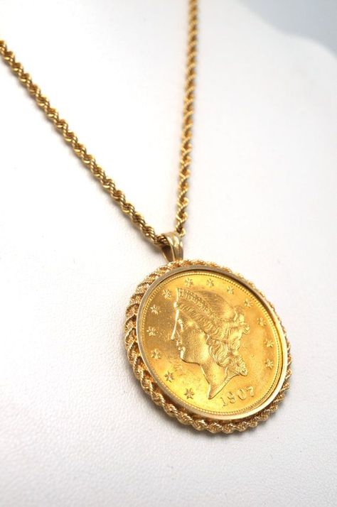 Gold Coin Jewelry For Sale Check more at https://bestjewelery.me/gold-coin-jewelry-for-sale/ Dollar Chain, Gold Coin Jewelry, Vintage Modern Jewelry, Authentic Gold, Double Eagle, Gold Coin Necklace, Gold Pendant Jewelry, Jewelry For Sale, Coin Earrings