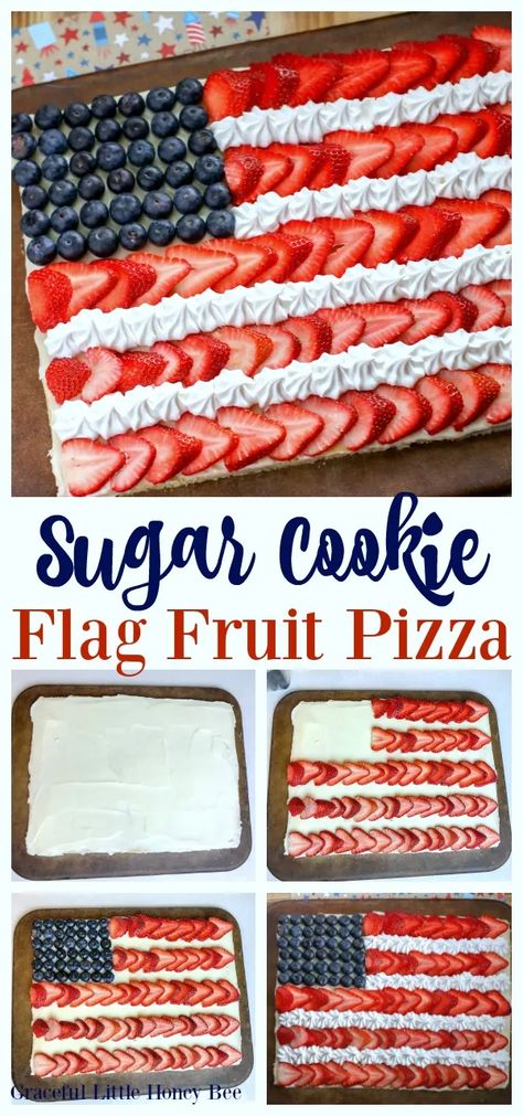 Make this super easy Sugar Cookie Flag Fruit Pizza for a fun 4th of July Dessert on gracefullittlehoneybee.com #sugarcookie #fruitpizza Snacky Food For Party, Light And Refreshing Desserts, 4th Of July Food Dessert, 4th Of July Desserts For A Crowd, 4th Of July Fruit Tray, Labor Day Desserts, Flag Fruit Pizza, Super Easy Sugar Cookies, Patriotic Snacks