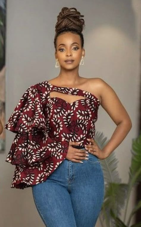 African Tops For Women Classy With Jeans, Simple Ankara Blouse Styles, Kitenge Top Designs For Ladies, Tops With Ankara, Ankara Tops Blouses With Jeans, Ankara Tops For Women, Ankara Tops Styles, Ankara Top Styles For Jeans, Chitenge Tops