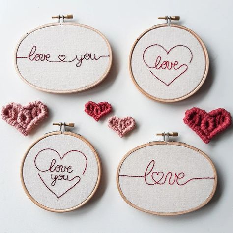 Beatrice on Instagram: “❤ Happy Valentine's ❤ I'm so happy I managed to whip quickly these cute 4 love hoops 🥰🥰🥰 it was my first time using oval hoops and…” Diy Embroidery Art, Embroidery Hoop Art Diy, Embroidery Hearts, Diy Embroidery Kit, Handmade Wall Art, Small Canvas Art, Embroidery Hoop Art, Hand Embroidery Patterns, Hand Embroidery Designs