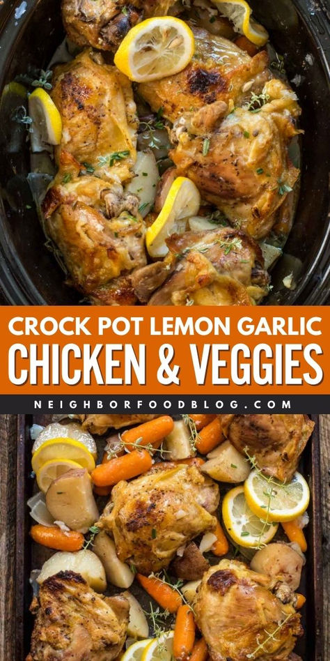 An easy spring meal in the slow cooker! With a lovely bright flavor, this lemon garlic chicken and veggies will leave you wanting more. Put this crock pot chicken recipe on your springtime dinner ideas! Slow Cooker Chicken Recipe, Crockpot Chicken Thighs, Chicken And Veggies, Garlic Chicken Recipes, Lemon Garlic Chicken, One Pot Meal, Chicken Slow Cooker Recipes, Crock Pot Cooking, Chicken Crockpot Recipes