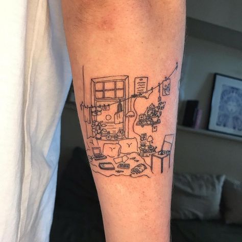 Tattoo Of People, Little Women Tattoo, Pottery Tattoo, Room Tattoo, Building Landscape, Calm Room, Artsy Tattoos, Single Needle Tattoo, Nice Meeting You