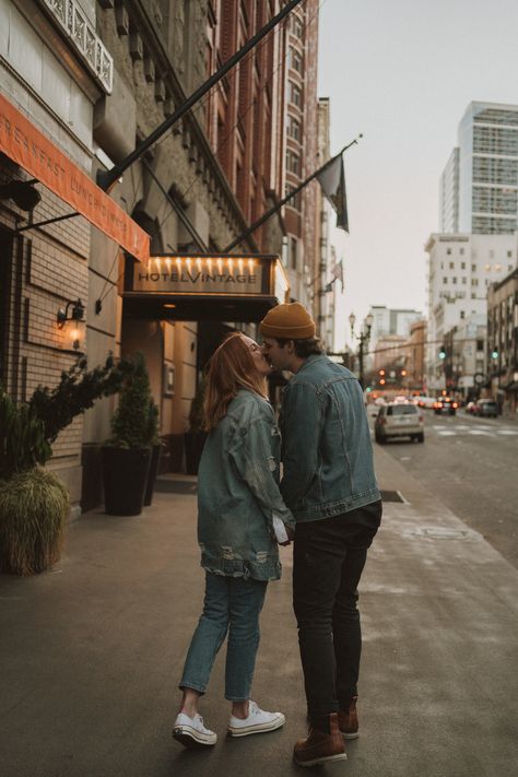 couple just got engaged in downtown Portland and were walking around enjoying the downtown views, shot in Portland Oregon by Miranda Harper photo Downtown Riverside Photoshoot, Portland Oregon Engagement Photos, Engagement Photos Town Square, Downtown Austin Photoshoot, Small Downtown Photoshoot, Downtown Couple Photoshoot Summer, Couples Photos Downtown, Engagement Photos Urban Setting, Engagement Photos Poses City