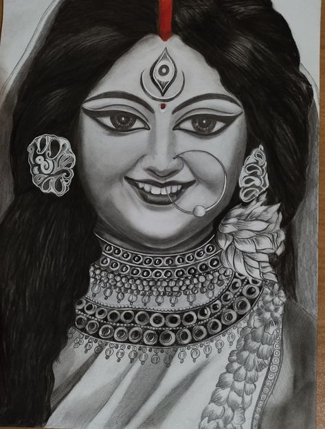 Graphite and charcoal work Durga Maa Portrait, Durga Mata Drawing Easy, Durga Drawing Art Easy, Durga Mata Sketch, Durga Maa Sketch Pencil, Maa Durga Drawing Sketch, Drawing Blonde Hair, Maa Durga Sketch, Durga Drawing Art