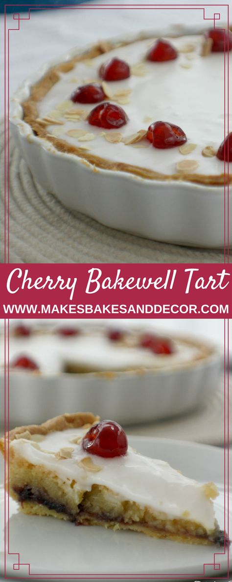 a recipe for cherry bakewell tart. Easy bakes. Tarts to make. GBBO. Classic british bakes. baked tarts. cherries, almonds, frangipane. cherry bakewell. Bakewell tart. Bakewell Tart Recipe, Cherry Bakewell Tart, Easy Bakes, Cherry Bakewell, Cherry Jam, Bakewell Tart, Glace Cherries, Tart Baking, Frozen Cherries