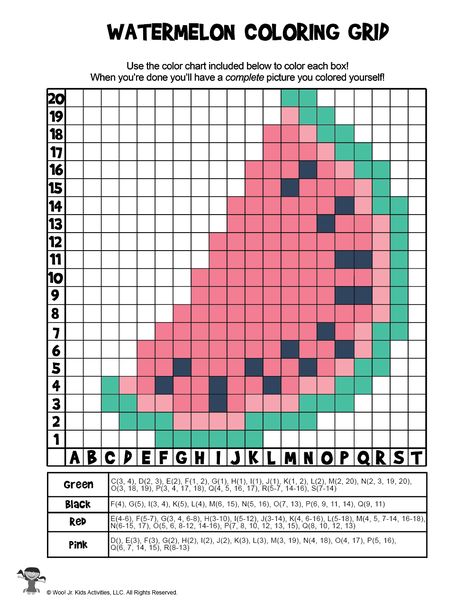 Summer Watermelon Grid Coloring Page - ANSWER KEY | Woo! Jr. Kids Activities Watermelon Pixel Art, Grid Coloring, Watermelon Activities, Beginner Crochet Patterns, Printable Puzzles For Kids, Acnh Clothes, Watermelon Art, Art Pixel, Watermelon Party