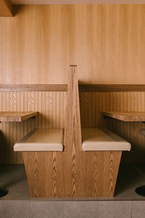 Ultra-muted cafe takes over former auto shop in British Columbia Banquette Restaurant, Restaurant Seating Design, Cafe Bench, Restaurant Booth Seating, Concept Restaurant, Restaurant Booth, Kitchen Banquette, Victoria Bc Canada, Cafe Seating