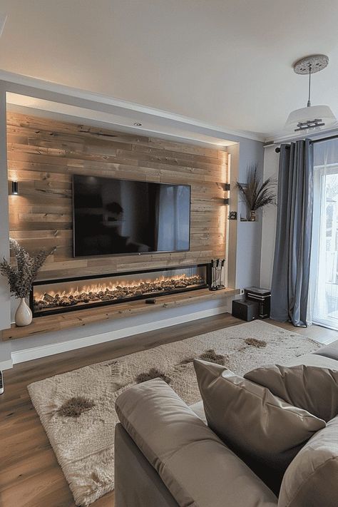 Living Room Renovation Ideas Before After, Living Room Ideas Flat, Tv Entertainment Wall With Fireplace, Wooden Accent Wall Fireplace, Media Wall Mantle, Wooden Panel Media Wall, Beach House Fireplace Ideas Modern, Fireplace In Wall Between Rooms, Home Design Living Room Modern