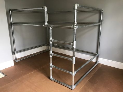 Scaffolding pipe loft bed, basic frame Parts from The Metal Store and built to take a small double mattress - more pics to follow Metal Loft Bed Ideas For Small Rooms, Pipe Bed Frame, Loft Bed Ideas For Small Rooms, Scaffolding Design, Pipe Bed, Micro House Plans, Beds Loft, Mezzanine Bed, Metal Store