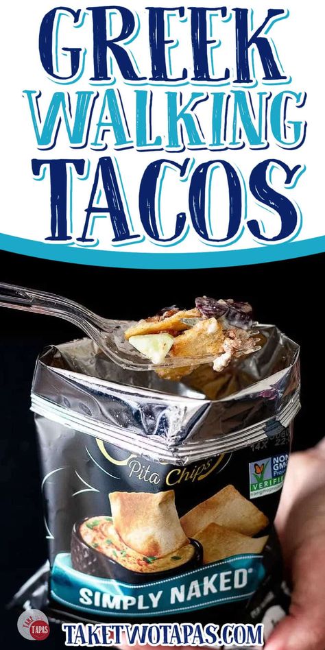 These walking gyros are the perfect way to feed a crowd. Inexpensive, easy to make, and everyone loves them! All the Greek flavors of your favorite Gyro but in a portable package! Grab some pita chips and keep all your toppings in a crockpot while everyone eats. Perfect for tailgating and camping! #superbowl #tailgating #biggame #gameday #foracrowd #recipe #bar #list #camping #inabag #party #crockpot #fritos #walkingtacos #walkinggyros #gyros #Greek Walking Gyros, Greek Tacos, Feta Tzatziki, Bar List, Greek Lamb, Spiced Lamb, Gyro Recipe, Walking Tacos, Greek Seasoning