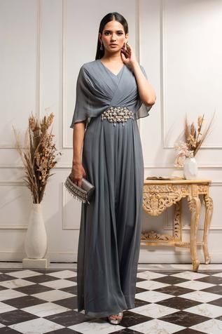 Shop for Seema Thukral Blue Pure Georgette Jumpsuit for Women Online at Aza Fashions Latest Indian Fashion 2024, Latest Dresses Indian Party Wear For Women, Pearl Sleeves Design, Party Wear Outfits Western, Georgette Dress Western, Panda Sketch, Draped Jumpsuit, Western Gowns, Petal Sleeves