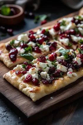 Roasted Cranberry and Goat Cheese Flatbread with sweet-tart cranberries and creamy goat cheese. A festive appetizer or light meal. Fall Party Entree, Cranberry And Goat Cheese Appetizer, Ww Christmas Recipes, Cranberry Christmas Recipes, Thanksgiving Orderves, Orderves Appetizers Appetizer Ideas, Easy Light Dinner Recipes, Thanksgiving Cranberry Recipes, Roasted Cranberries