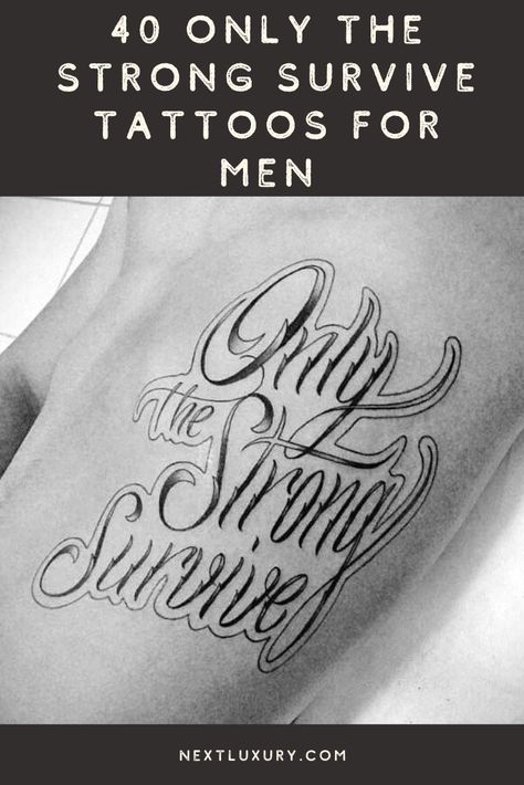 This particular tattoo emphasizes a Darwinist expression referring to “survival of the fittest.” NBA players such as Allen Iverson and Tyson Chandler have such a tattoo written on their shoulders which symbolize that physical strength is important to be successful in basketball and/or in life. #nextluxury #tattooideas #tattoodesigns I Will Survive Tattoo, Survival Of The Fittest Tattoo, Fighter Survivor Tattoo, Only The Strong Survive Tattoo For Men, Tattoos About Surviving Life, Strong Survive Tattoo, We Gain Strength From The Madness We Survive Tattoo, Never A Victim Forever A Fighter Tattoo, Only The Strong Survive Tattoo