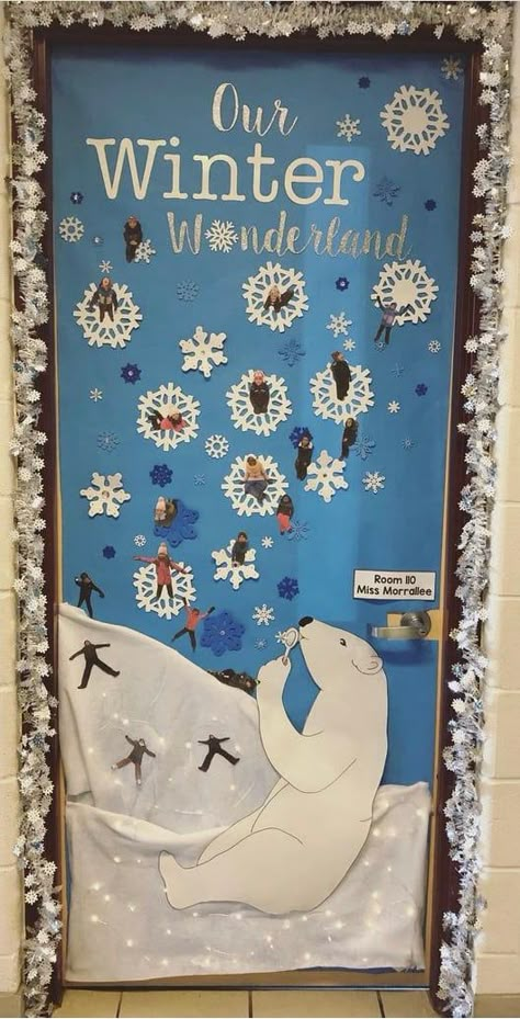 Polar Bear Christmas Door Decorations, Christmas Door Decorations Winter Wonderland, Snowman Themed Classroom Door, Winter Wonderland Preschool Decorations, Walking In A Winter Wonderland Door, Door Winter Decorations Classroom, Winter Wonderland Work Decorations, Classroom Door January, Winter Board Ideas For School