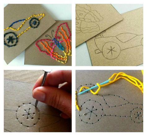 Sewing for Kids - Easy Stitch Cards: Practice fine motor skills [generally cool art technique] Stitch Cards, Kids Sewing, Seni Dan Kraf, Easy Stitch, Crafty Kids, Teach Kids, Creative Blog, Childrens Crafts, Reggio Emilia