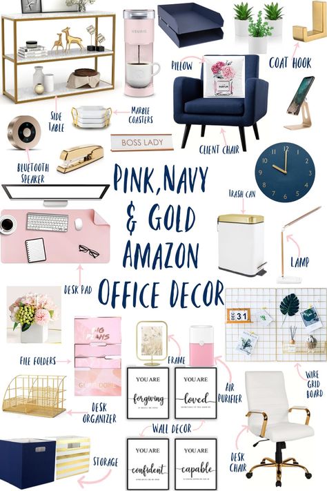 Navy And Pink Bathroom Decor, Diy Office Room Ideas, Work Office Asthetics, Navy Pink Office Ideas, Office Wall Art Inspiration, Pink Office Decor Amazon, Navy And Pink Home Office, Navy Gold Pink Office, Navy And Gold Home Office