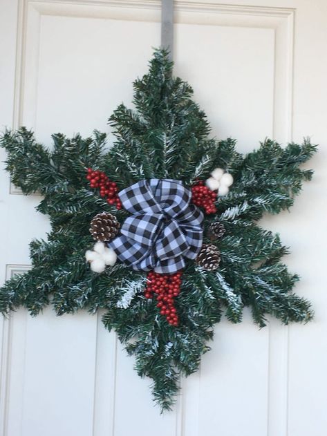 Dollar Tree Christmas Tree Snowflake Wreath, Snowflake Wreath From Dollar Tree Christmas Trees, Snowflake Christmas Wreath, Snowflake Wreath Dollar Store, Dollar Tree Snowflake Wreath, Pine Wreath Diy, Snowflake Wreath Diy, Snowflake Wreaths, Diy Snowflake Wreath