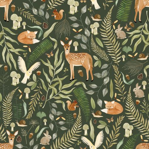 Woodland Creature Wallpaper, Woodland Animals Wallpaper, Woodland Illustration Forest, Forest Pattern Design, Forest Pattern Illustration, Nature Graphic Design Illustration, Woodland Animals Illustration, Woodland Background, Watercolour Woodland