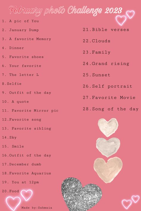 February Challenge Ideas, Photo A Day Challenge 2023, February Photoshoot Ideas, February Writing Challenge, January Photo Challenge 2023, February Photography Challenge, February Self Love Challenge, February Photo Challenge, Favorite Sibling