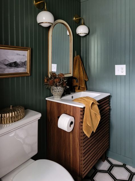 2023 Bathroom Wallpaper Trends, Vertical Shower Tile, Modern And Vintage Decor, Moody Bathroom, Contemporary Sink, Painting Bathroom Cabinets, Bad Inspiration, Shower Fixtures, Downstairs Bathroom