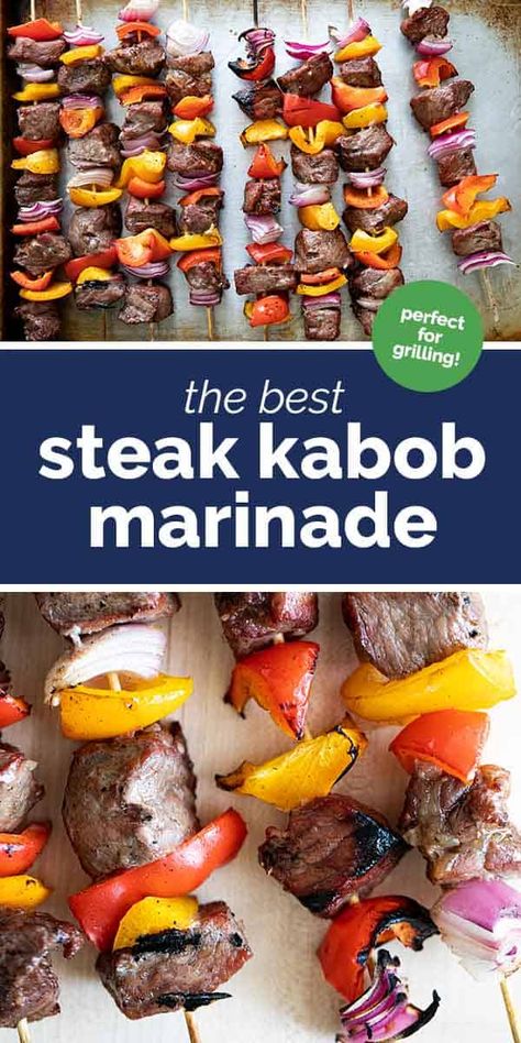 Full of bold flavor, this Steak Kabob Marinade is the best when grilling steak kabobs! Only 5 ingredients in the marinade - this is super easy and a great way to stretch a steak! #recipe #steak #grilling #kabob #marinade Steak Kabob Marinade, Kabobs Chicken, Grilled Kabobs, Easy Kabobs, Beef Kabob Marinade, Grilled Steak Kabobs, Kabob Marinade, Grilling Steak, Grilled Kabob Recipes