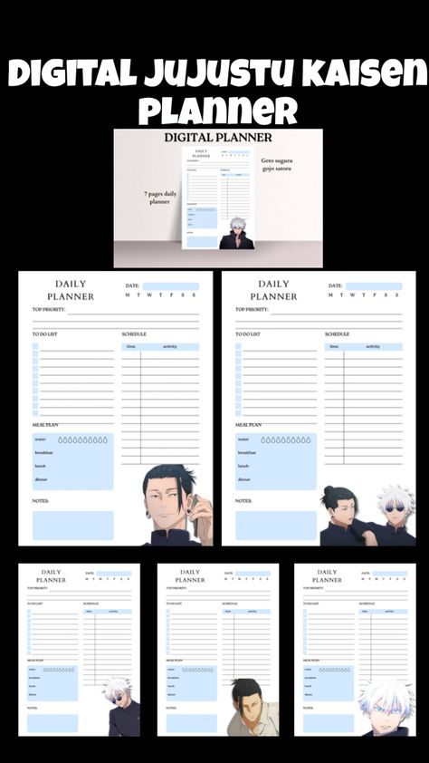 Minimalistic, white and blue, images of charecters Satoru And Suguru, Anime Planner, Schedule Your Day, Digital Daily Planner, Daily Page, Time Activities, Weekly Schedule, Gojo Satoru, Breakfast For Dinner