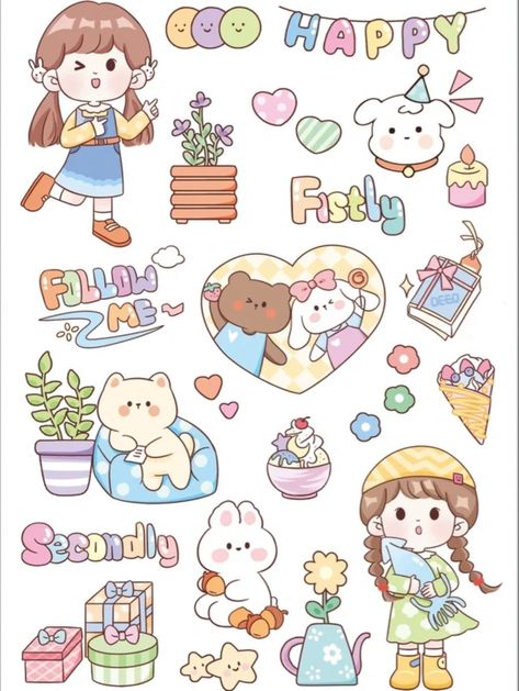 Sticker Pack Template, Stiker Kawaii Cute, Stiker Journal, Korean Printable, Sticker Design Inspiration, Karakter Sanrio, Cute Easy Doodles, Preppy Stickers, Korean Stickers