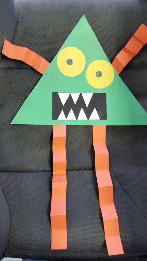 Spooktacular Fun: How to Make a Halloween Shape Monster Craft - Kids Play and Create Triangle Halloween Crafts Preschool, Create A Monster Craft, H Is For Halloween Craft, Halloween Shape Activities, Outdoor Halloween Activities For Kids, Halloween Shapes Preschool, Frankenstein Crafts Preschool, Shape Monster Craft, Shape Monster